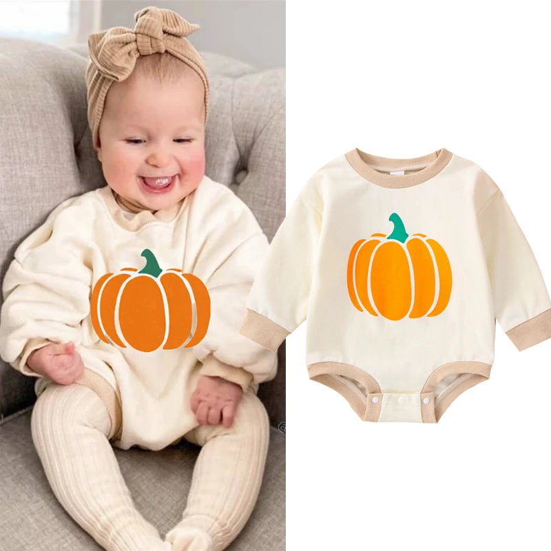 

0-24M Autumn Baby Girls Boys Cute Halloween Romper Pumpkin Printing Long Sleeve Patchwork Jumpsuits