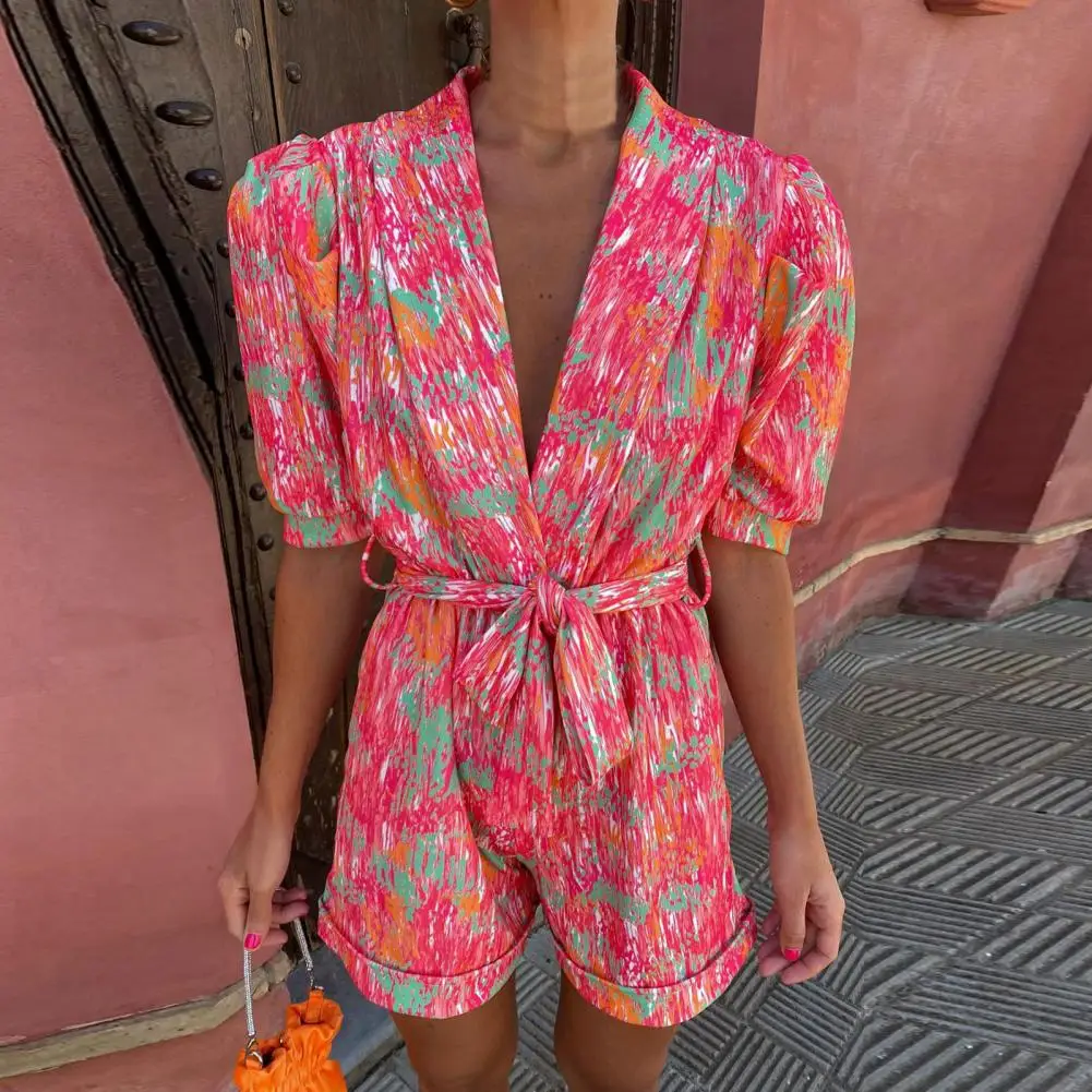 

Женский Облегающий комбинезон, комбинезон с глубоким V-образным вырезом и коротким рукавом, комбинезон с высокой талией и принтом, лето 2023