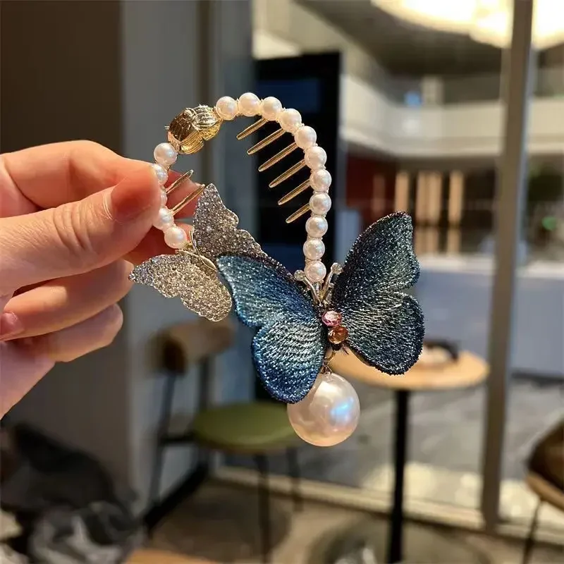 Держатель для хвоста с голубой бабочкой и жемчугом элегантный зажим волос