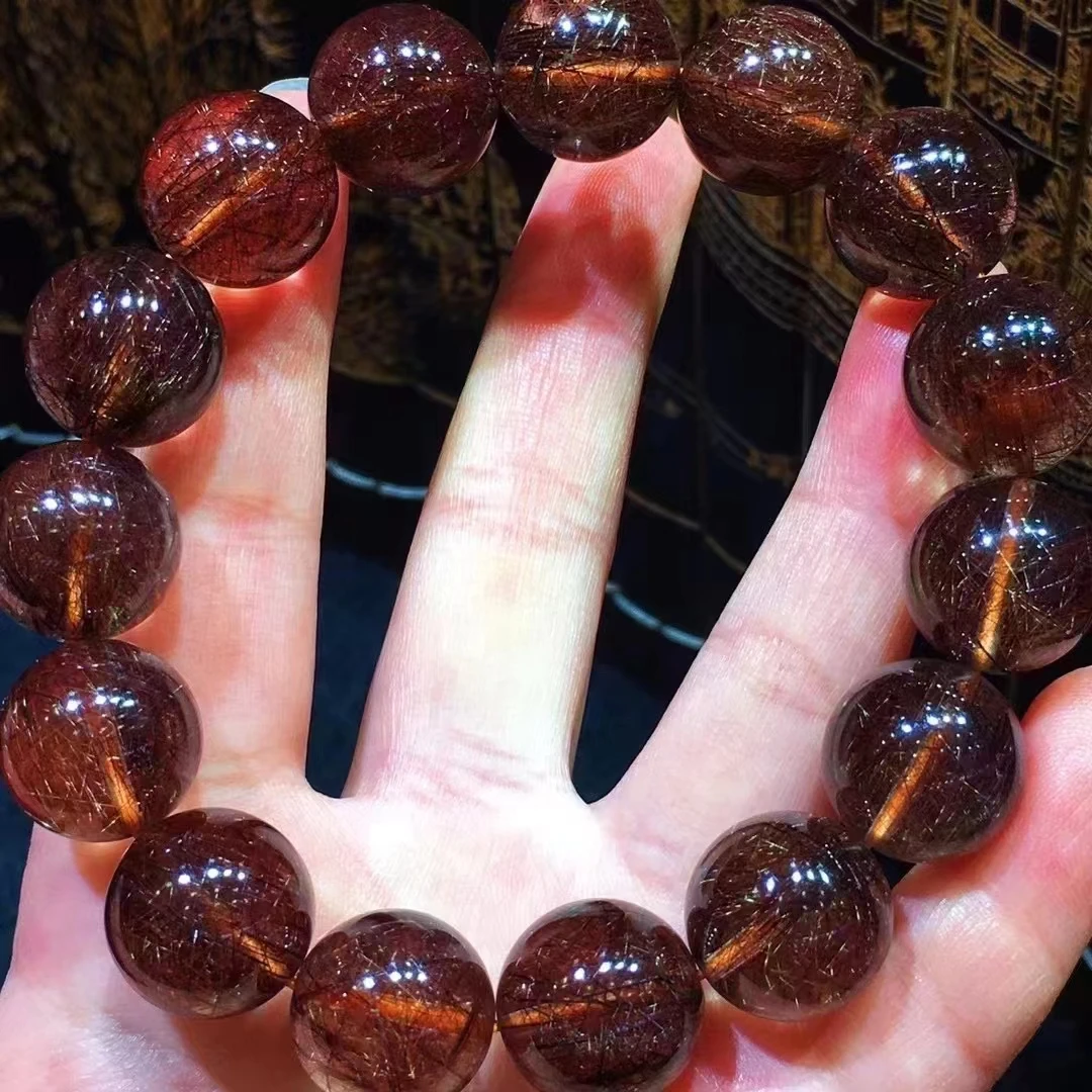 

Genuine Natural Copper Rutilated Quartz Clear Round Beads Bracelet 15mm Cat Eye Brazil Crystal Women Man Bracelet AAAAA