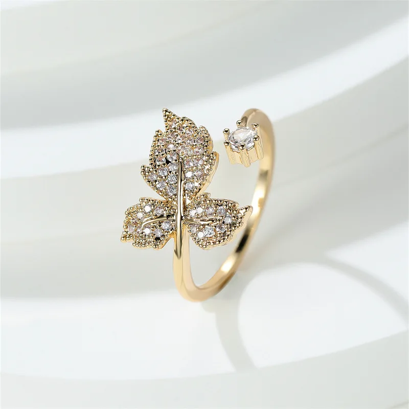 

2022 New Maple Leaf Open Ring Female Inlaid Zircon Ring Wedding Engagement Holiday Gift Personality Creative Ring Jewelry