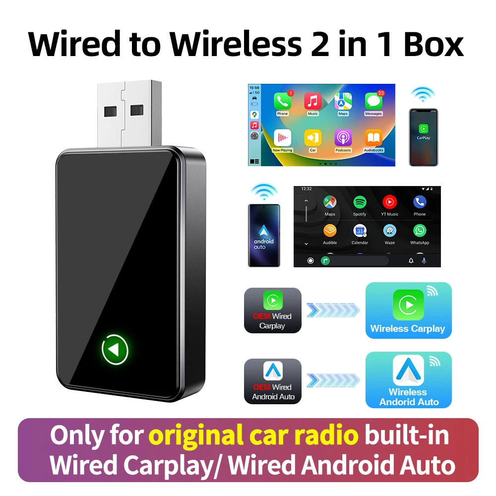 

2IN1 Smart Dongle Box Wireless CarPlay Android Auto USB-адаптер Plug Play для Honda Ford Benz VW Toyota Nissan Audi Hyundai KIA