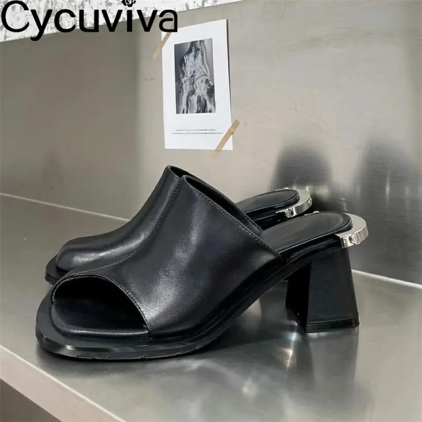 

New Half Open Toe Chunky High Heel Women Leather Slippers Sexy Black Sandals Women's Middle Heel Summer Shoes Party Dress Slides