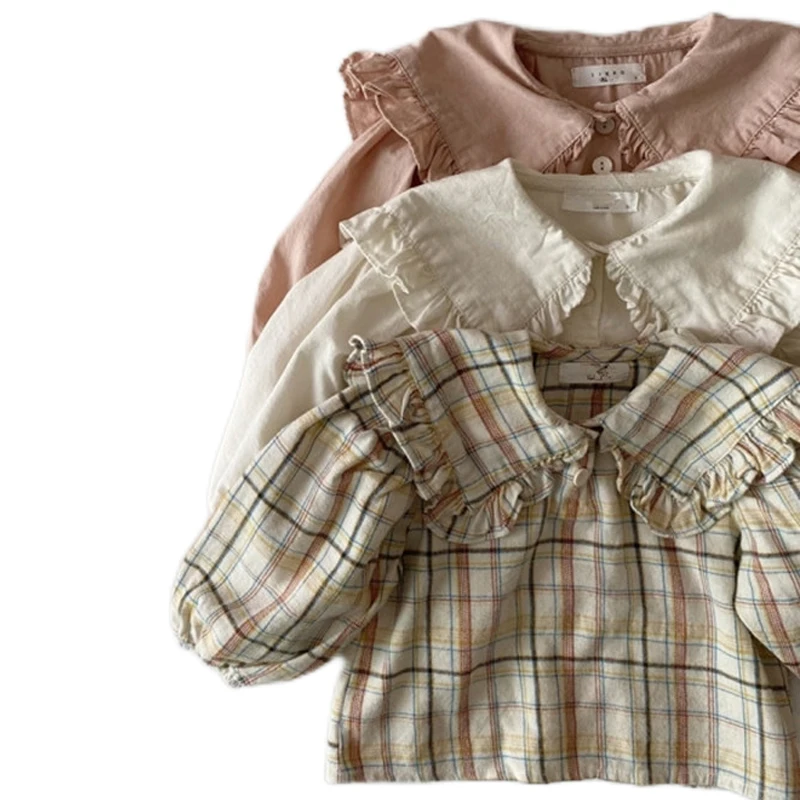 

Осенняя футболка для маленьких девочек, весенняя одежда для маленьких девочек, хлопковая клетчатая рубашка с длинным рукавом, Детская рубашка в Корейском стиле, одежда для девочек