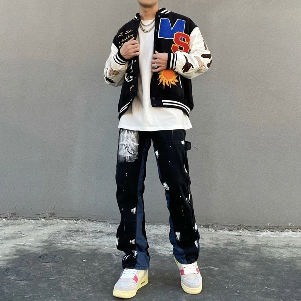 Design Sense Splash Ink Graffiti Jeans High Street Vibe Pants Men's Stitching Straight Loose Black American Long Pants Tide