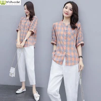 spring and summer 2022 new large womens clothing retro lattice womens suit leisure fashion foreign style two piece suit