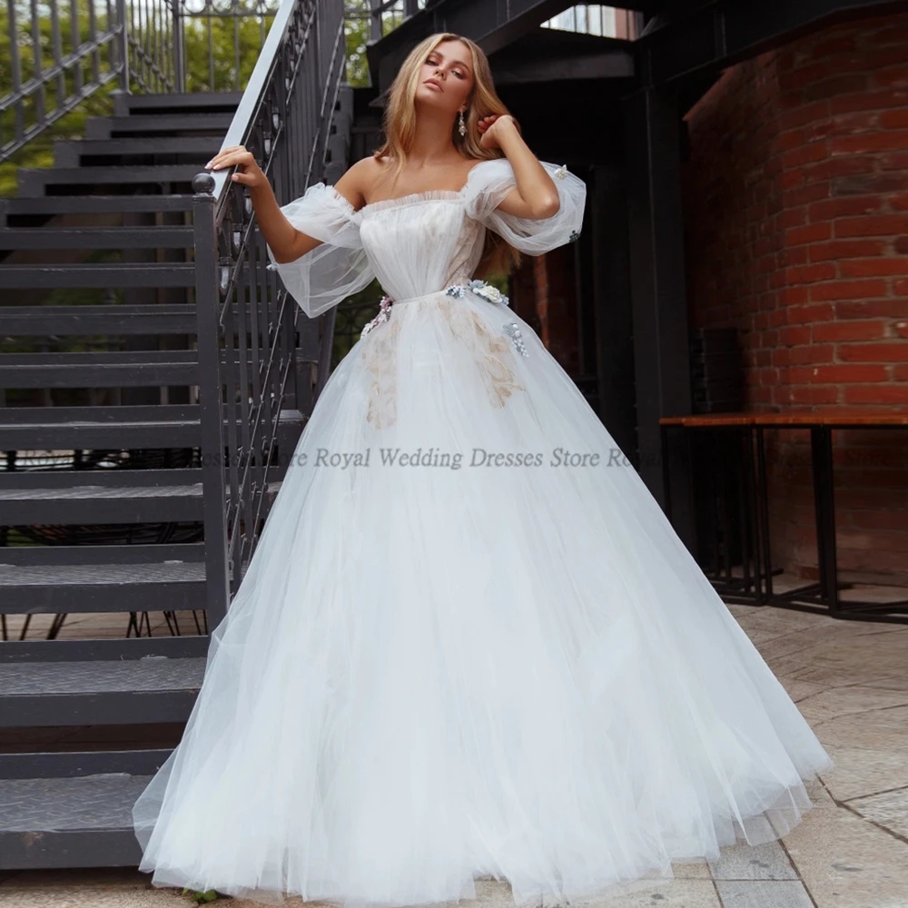 

Exquisite A Line Wedding Dresses Boat Neck Tulle Print Draped Open Back 2022 Summer Puff Sleeve Floor Length Gowns Robe De Ma