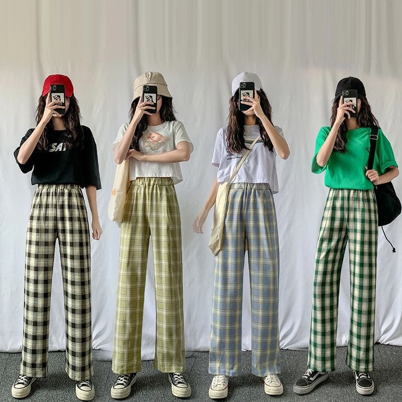 Women Elastic High Waist Wide Leg Straight Pants Harajuku Vintage Plaid Print Casual Loose Long Trousers with Pockets