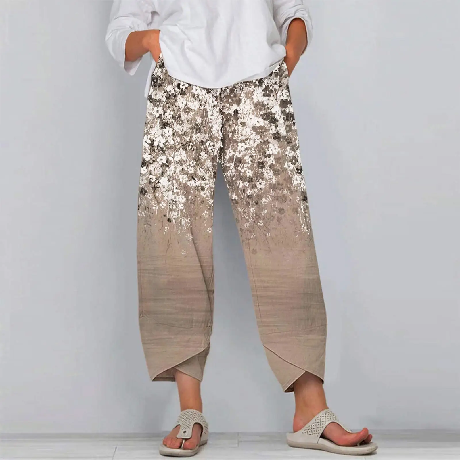 Fashion Leisure Pants Womens Printed Retro Side Pockets Straight Leg Summer Baggy Beach Cropped Trousers Floral