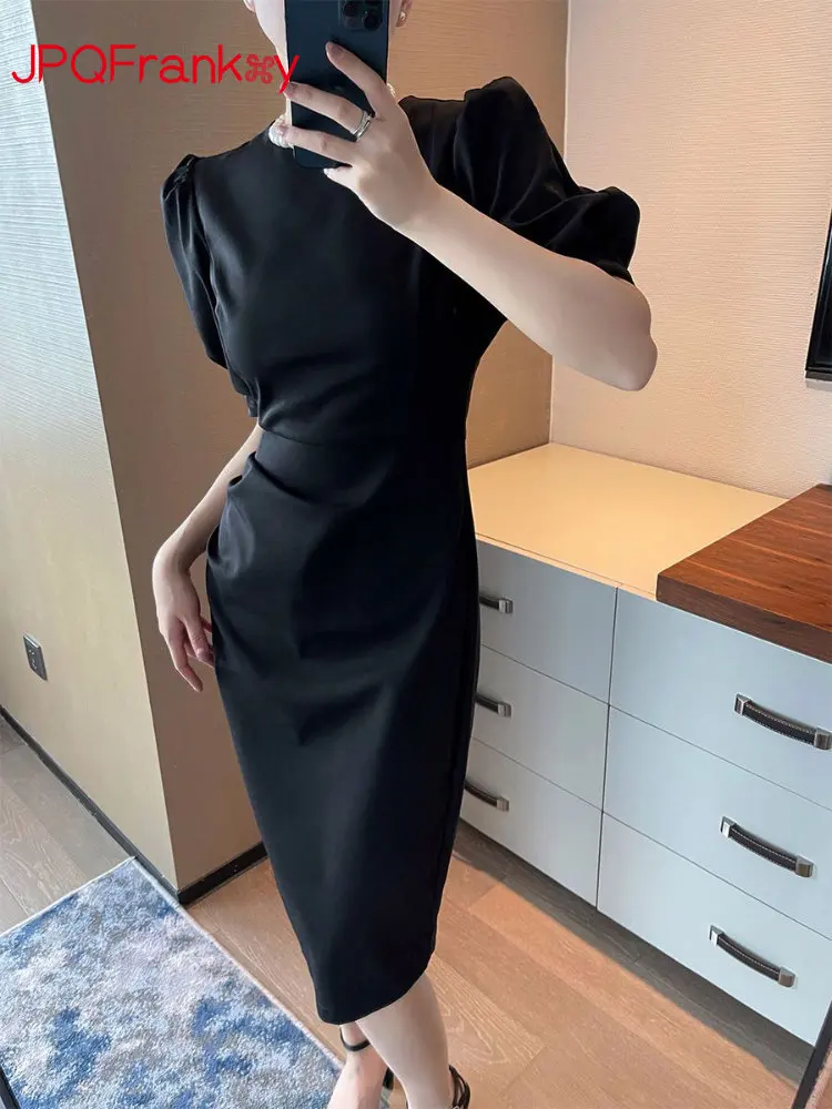 

Bubble Sleeve Black Dress for Women In Spring and Summer New Style Short Sleeve Slim Fitting Hip Bag Long Skirt Bottom Skirt