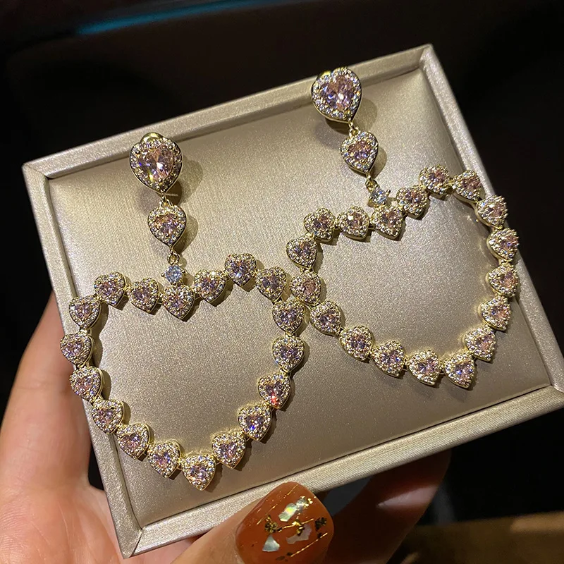 

Золотые серьги-кольца, роскошные женские ювелирные украшения, аксессуары, розовые в форме сердца, кисточки, кристаллы из циркония, тренды 2022...