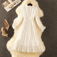 new fresh solid color lace dress 2022 mid length round neck flared sleeves waistband with a slim bottoming skirt dress women