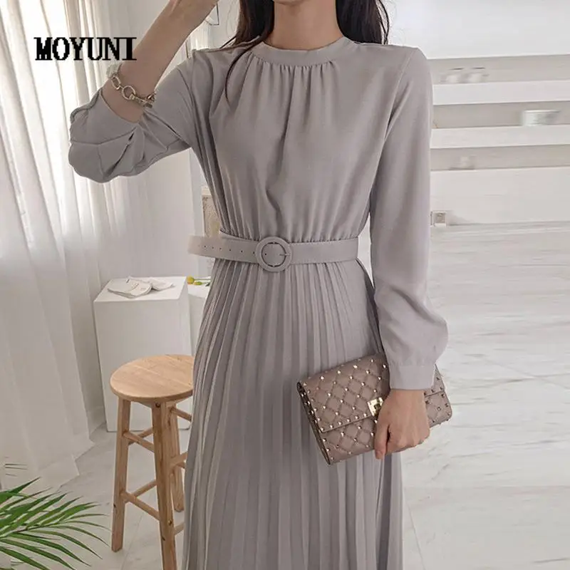 

Robe Femme Korean Chic Autumn Temperament Elegant Round Long Sleeve Pleated Dress Women Belt Mid Length Waist Vestidos Mujer