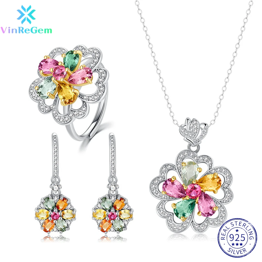 

Vinregem Genuine 925 Sterling Silver Multicolor Tourmaline Simulated Moissanite Ring/Earrings/Pendant/Necklace Retro Jewelry Set