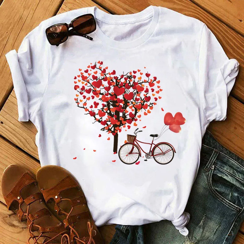 

Women T Shirt Heart Tree and bicycle Print Tops Female Casual Short Sleeve Tee Shirts Harajuku Graphic Tshirt Women Cute T-shirt
