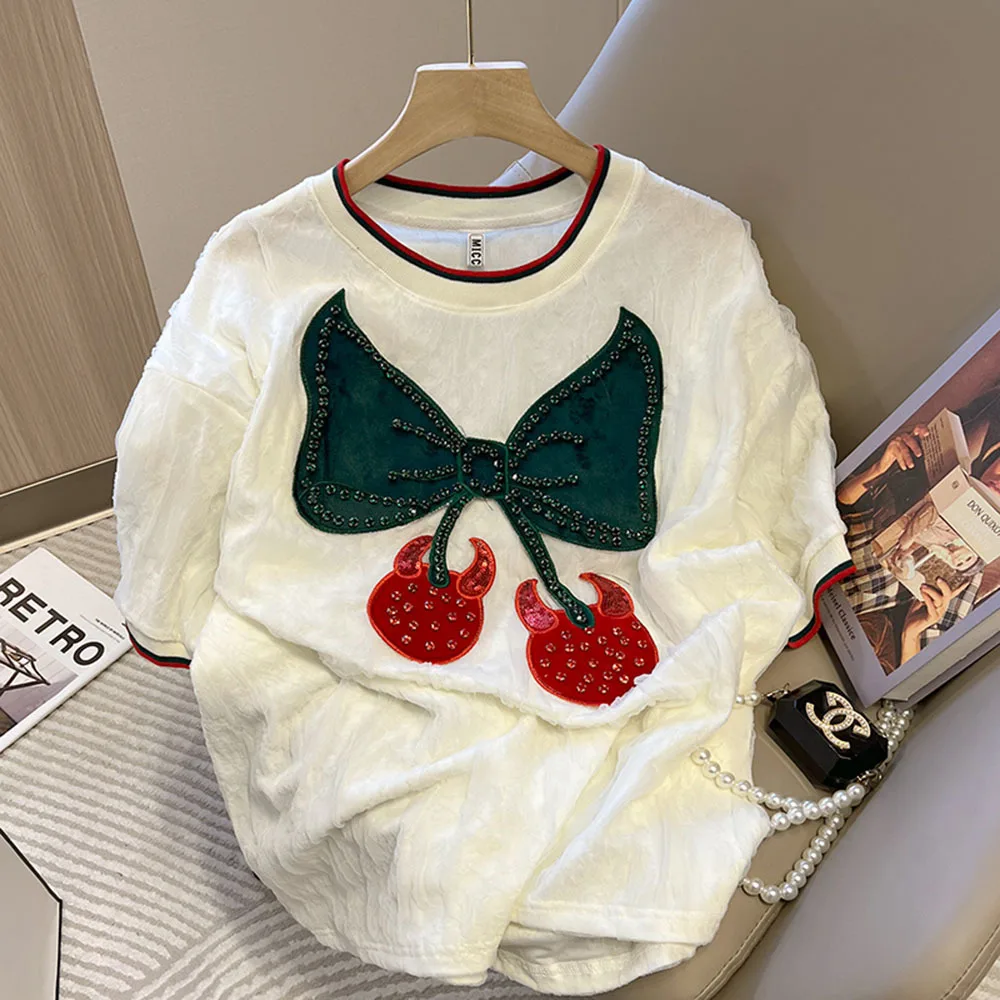 

2022 New Summer Women Short Sleeve T-shirt O-neck Top Diamond Embroidery Loose Folds Female Tees Mid-long Plus size L-4XL