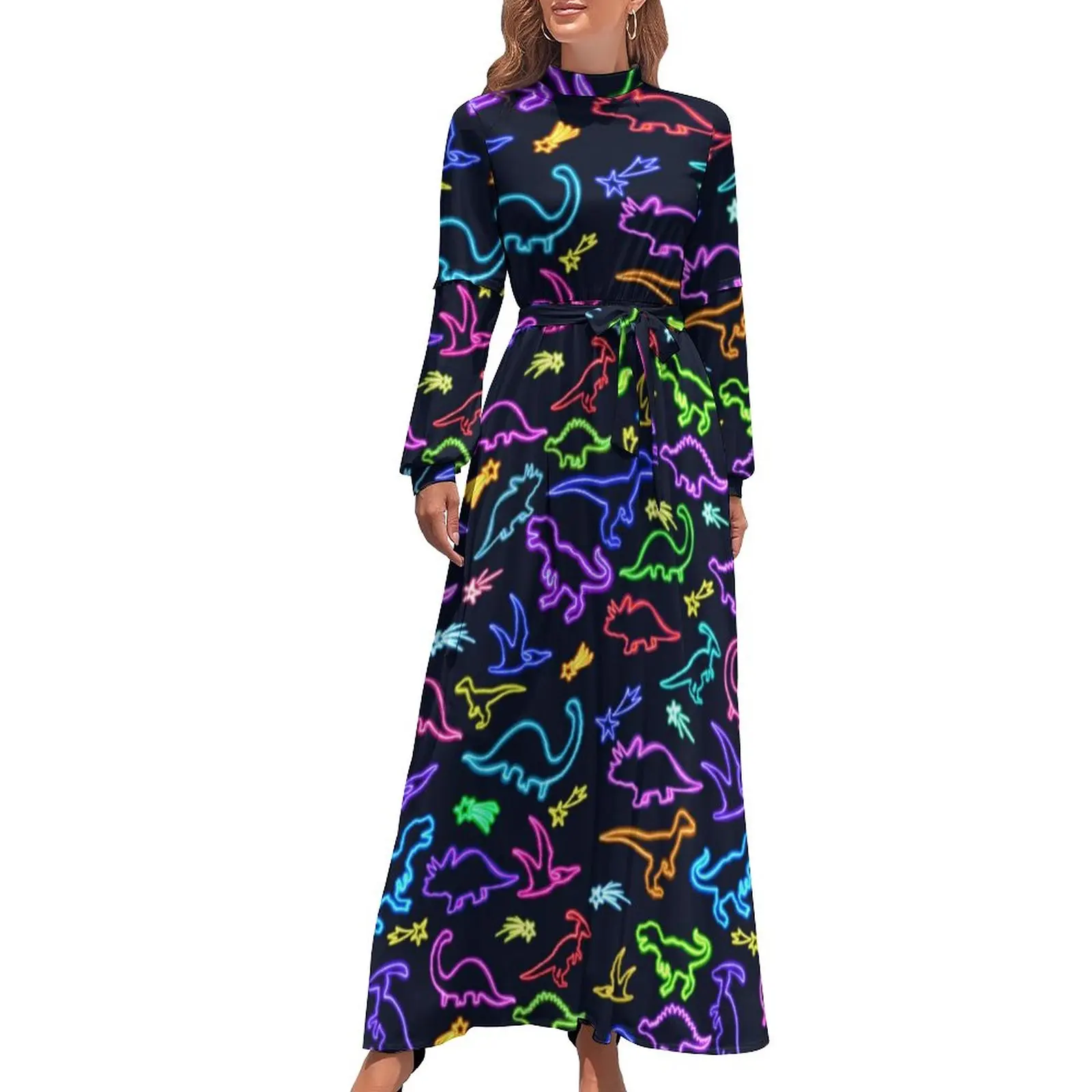 

Neon Dinosaur Print Dress Long Sleeve Colorful Lines Elegant Maxi Dress High Waist Aesthetic Design Beach Long Dresses Gift Idea