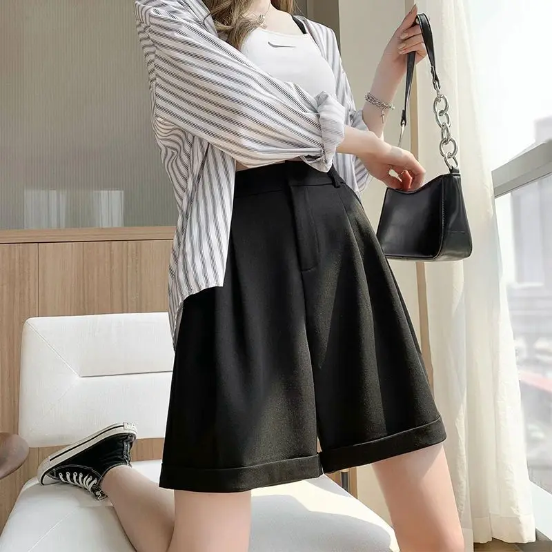 2023 Summer Causal Shorts for Women Korean High Elastic Waist Suits Loose Shorts with Pockets Zipper Short Shorts Female W32