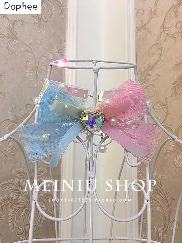 

Dophee Handmade Princess Rainbow Gradient Love Rhinestone Necklace Diamond Crystal Embroidery Lace Neck Strap Neck Ornament