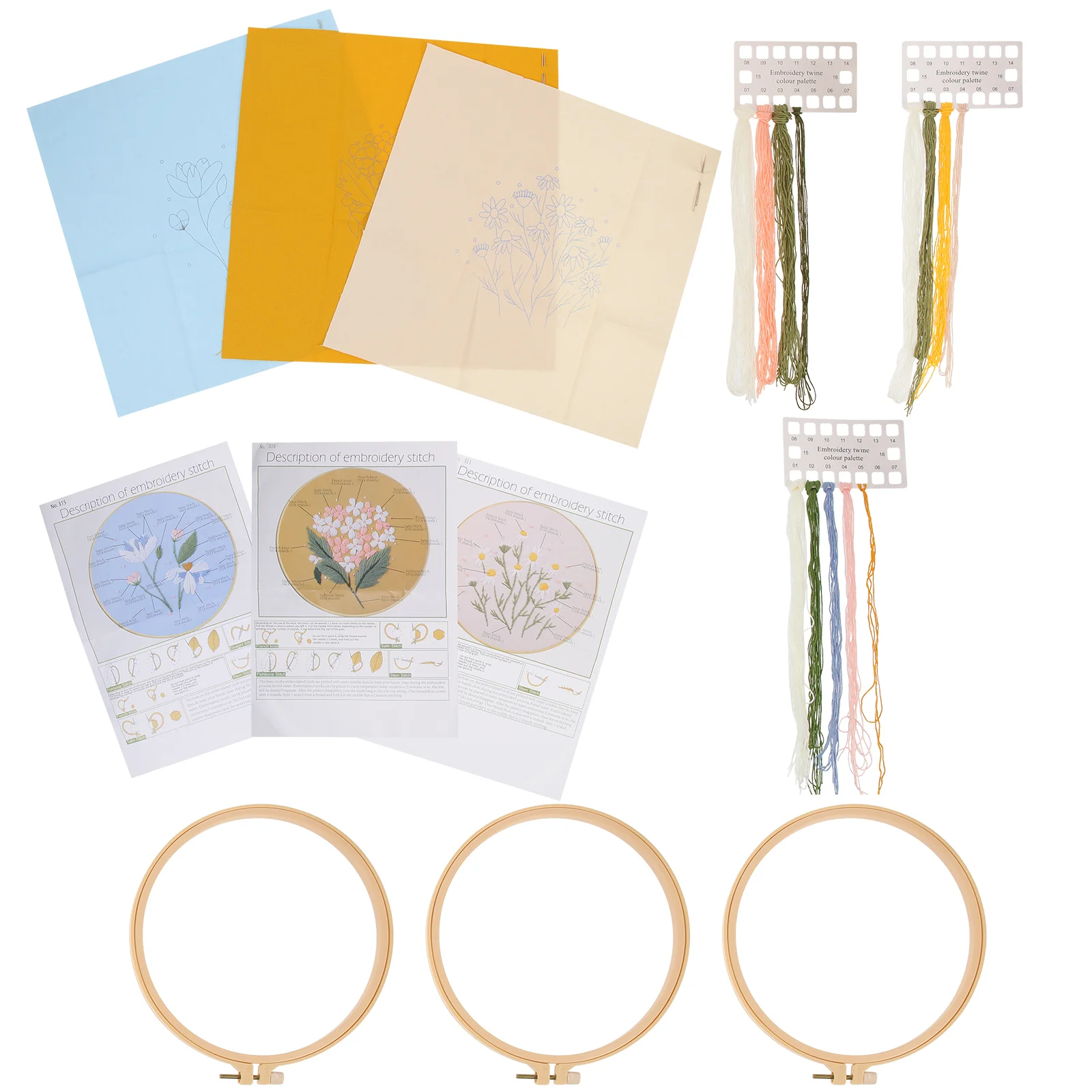 

3 Sets Embroidery Starter Kits Floral Pattern Embroidery Material DIY Tools