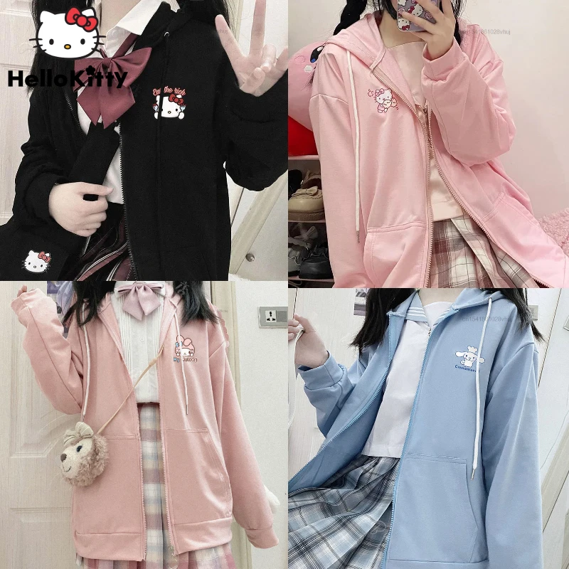 Sanrio Hello Kitty Zip Up Hoodie Y2k My Melody Kawaii Casual Clothes Cute Cinnamoroll Loose Cardigan Hooded Women Simple Coat