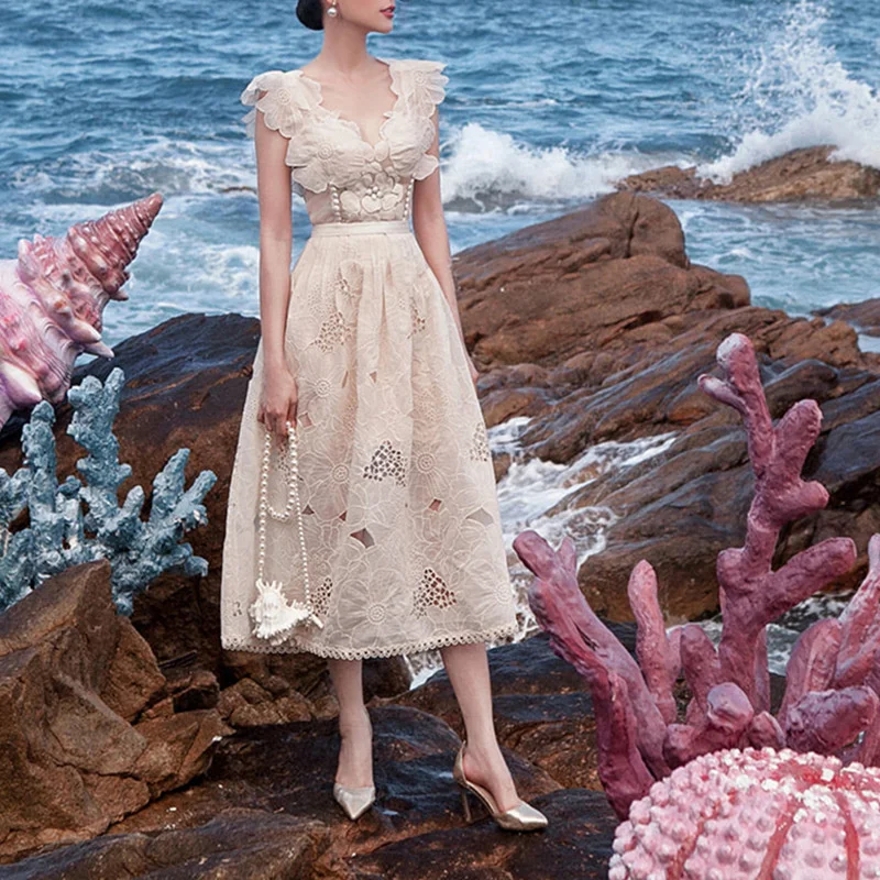 

Женское платье до середины икры, ажурное Элегантное платье без рукавов с трехмерными цветами и крючками, лето 2023