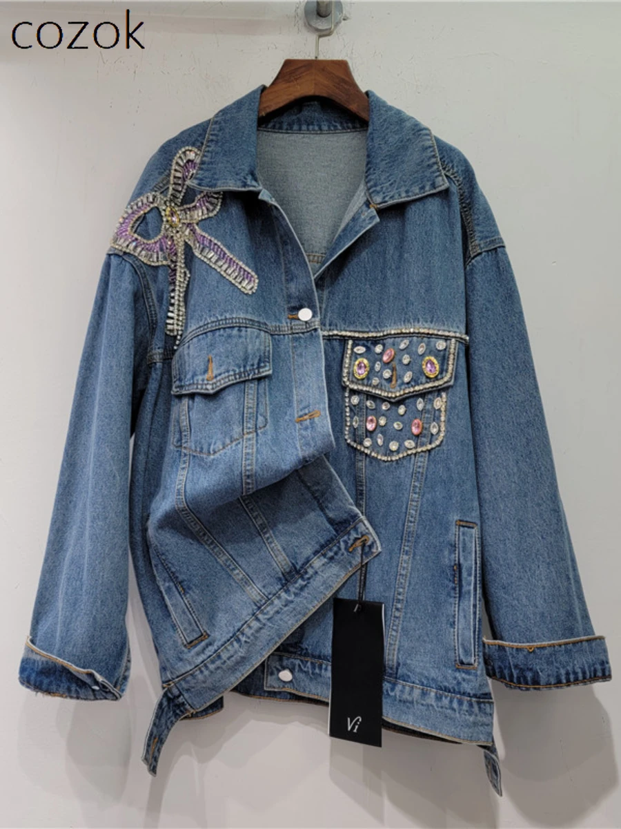 

Light Luxury Denim Jacket Autumn New European Goods Bow Beaded Loose Slimming Jean Coats Women's Long Sleeve Fashion Jackets