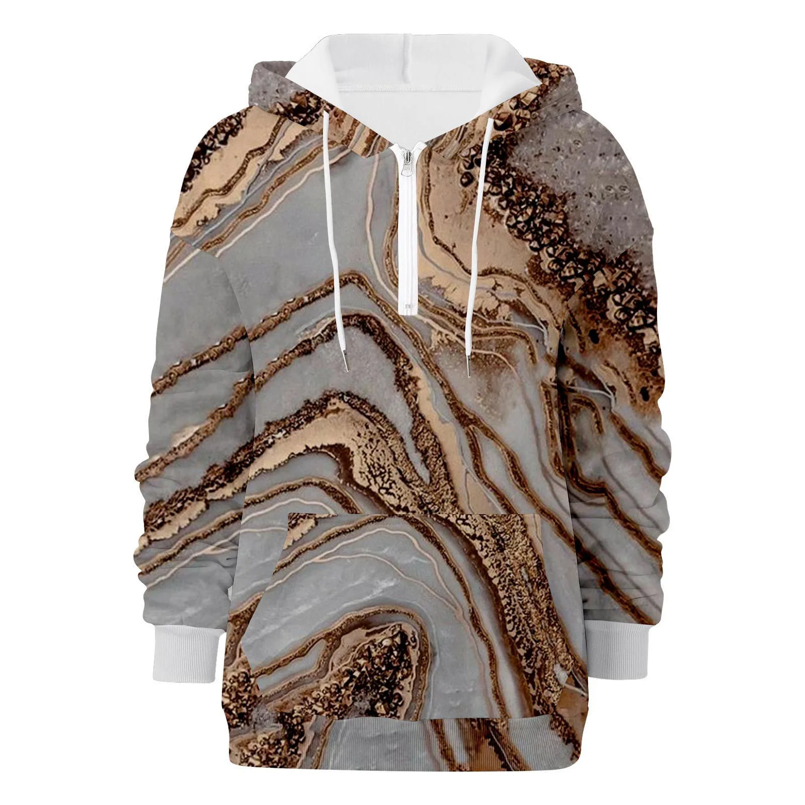 

Womens Marbling Print Sweatshirt V-Neck Zipper Hoodie Hooded Long Sleeve Top Casual Loose Pullover For Ladies Autumn Winter