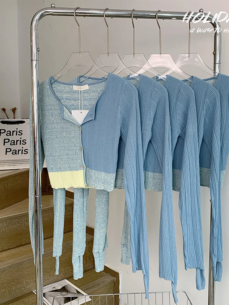 

Women New Autumn Winter V-neck Vintage Gradient Patchwork Design Knitwear Coat Long Sleeve Slim Crop Basic Outerwear Comfortable