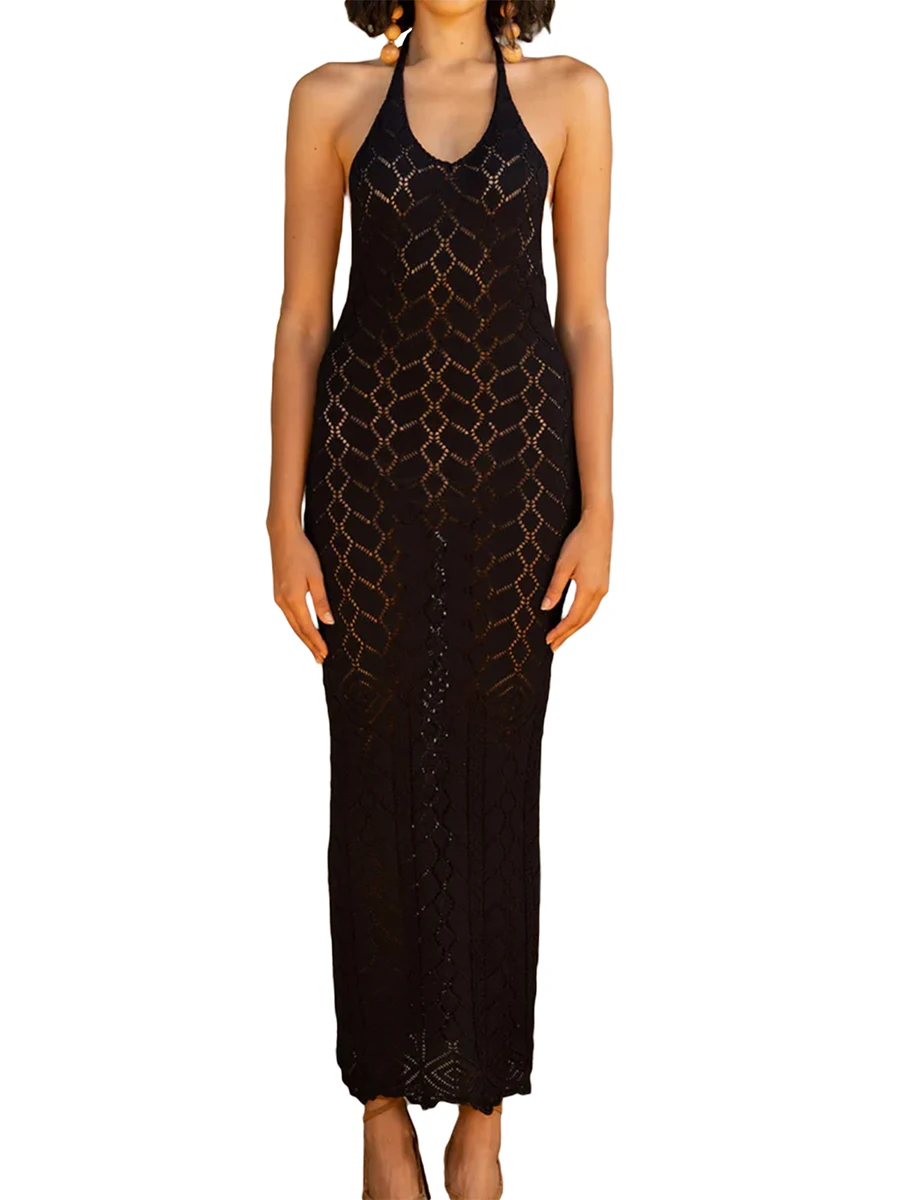 

sawakaka Y2k Women Bodycon 2023 Summer Sleeveless Halterneck Backless Hollowed Slim Fit Dress for Cocktail Party