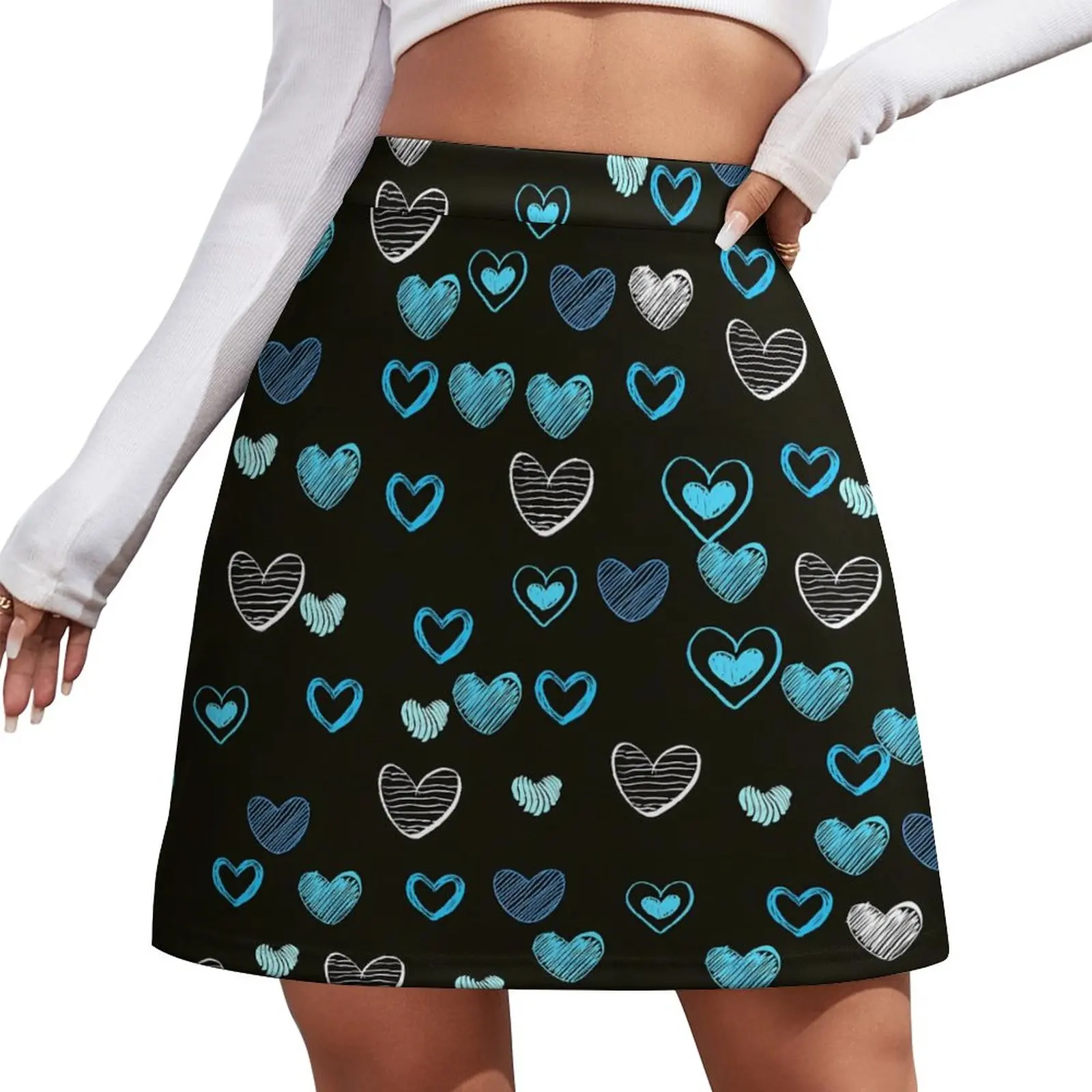 

Blue Hearts Skirt Female Cute Heart Print Modern Mini Skirts High Waist Graphic Aesthetic Casual Skirt Large Size