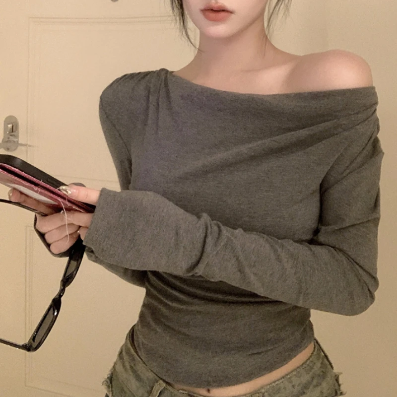 

2023 Spring for Women Crop Tops Korean Style Retro Irregular T-Shirt Knitting Long-sleeved Elastic Tee Shirt