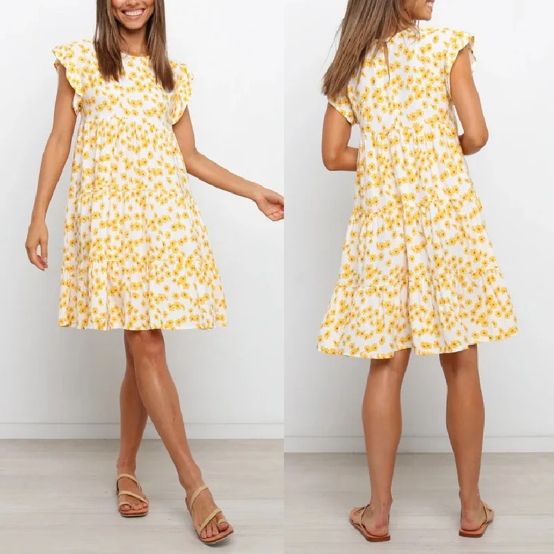 

Женское платье с коротким рукавом, летнее и весеннее повседневное милое свободное платье-трапеция желтого цвета с коротким рукавом, круглы...