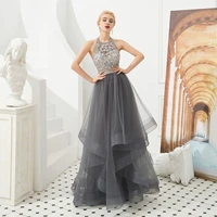 vintage a line luxury glitter evening dress halter sexy open back tiered tulle women formal 3d floral prom birthday gowns