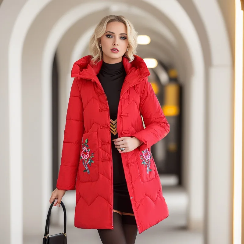 

USPOP winter down cotton jacket, female red mother's outfit, medium length retro ethnic style down cotton jacket