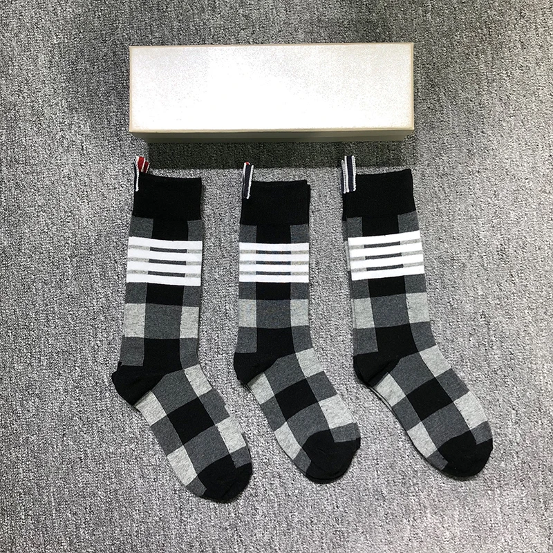 

TB THOM Socks Fashion Brand Design Plaid White 4-Bar Striped Cotton Socks England Style Casual Business Long Sock