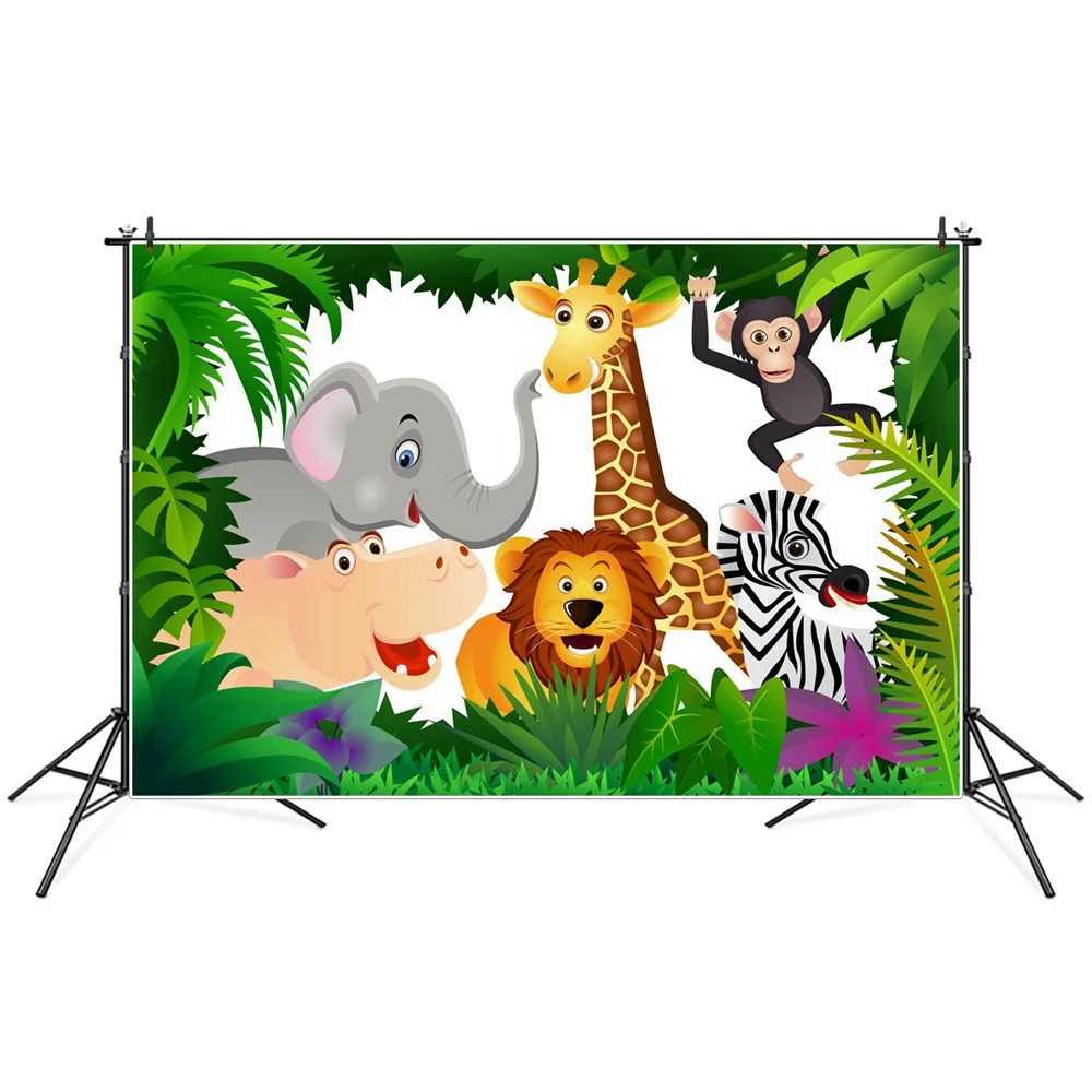 

Jungle Forest Safari Party Photography Backgrounds Tropical Leaves Lion Giraffe Elepant Baby Birthday Decoration Photo Backdrops