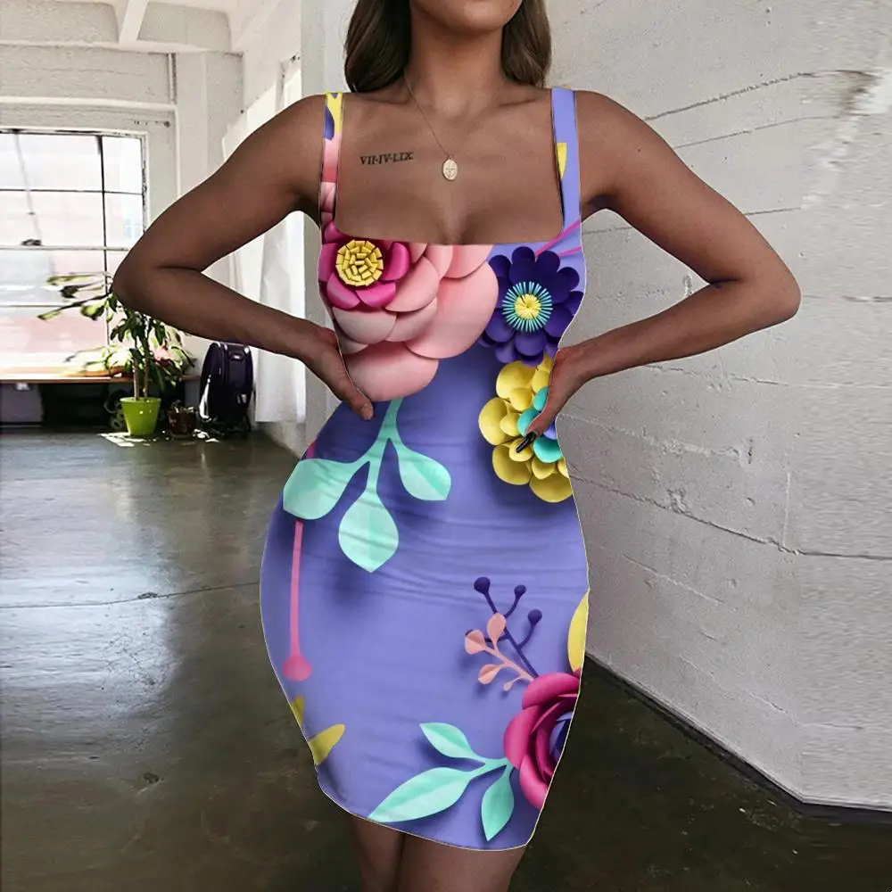 

KYKU Flower Dress Women Colorful Sundress Purple Halter Sleeveless Womens Clothing Party Short Beach Femme