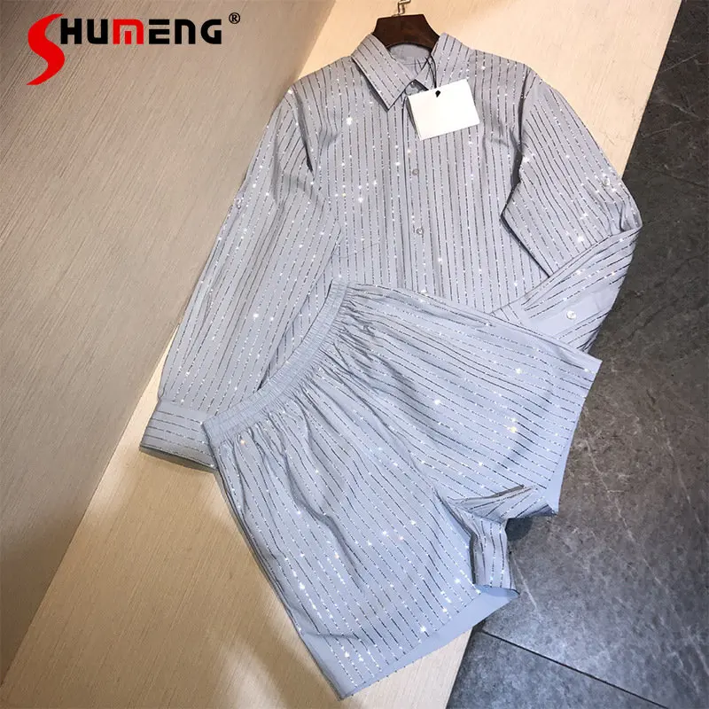 

Hot Drilling Striped Top and Shorts Set Spring Summer New Women Rhinestone Long Sleeve Shirt Wide Leg Shorts Two-Piece Outfits