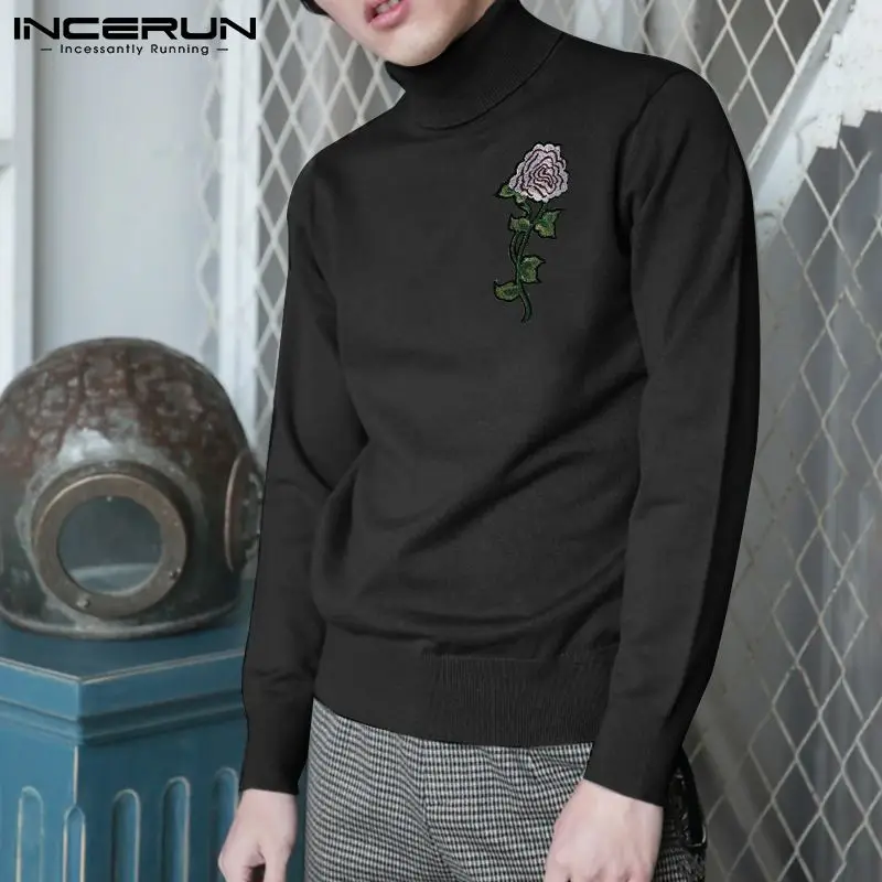 

Топы INCERUN 2023, новые мужские футболки в Корейском стиле с рисунком роз, зеленая футболка в стиле ретро с высоким воротником и длинными рукавам...