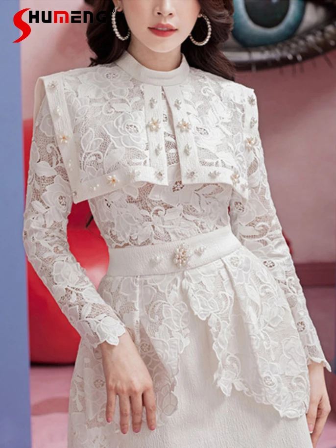 

Socialite Heavy Industry Beads Lace Embroidery Stitching Slim Waist Long Sleeve White Short Dress 2022 New Autumn Women Clothes