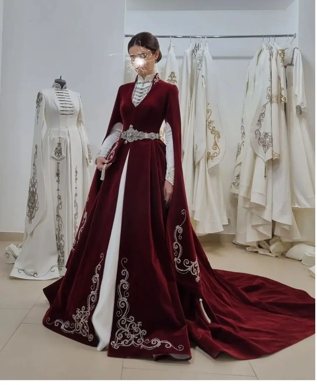 

Moroccan Kaftan Evening Dresses Cape Long Sleeve Burgundy And White A Line Wedding Party Gowns Arabic Caucas Celebrity Dress