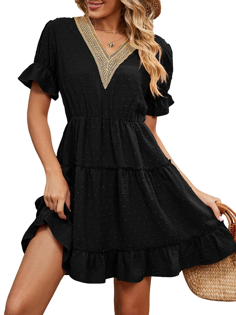 

Jxzom Women Summer Tunic Dress V Neck Casual Loose Flowy Swing A Line Dresses Beach Sundress (Dot Black XXL)