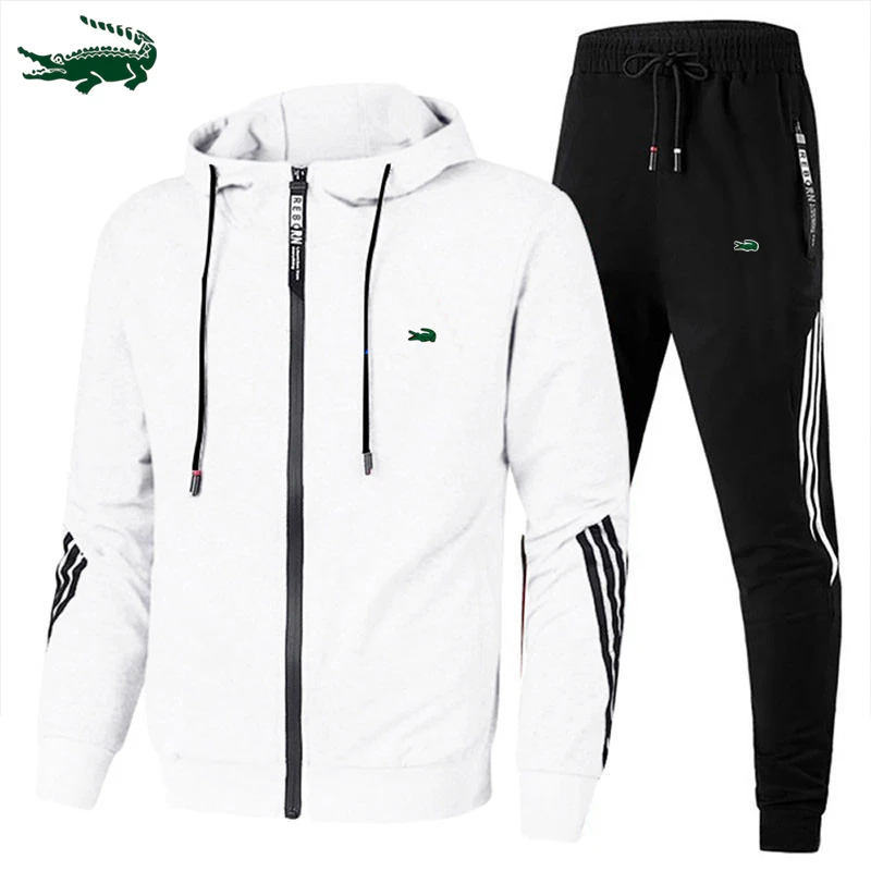 2023 autumn and winter new men's hooded  lattice coat+casual sports pants set S-3XL