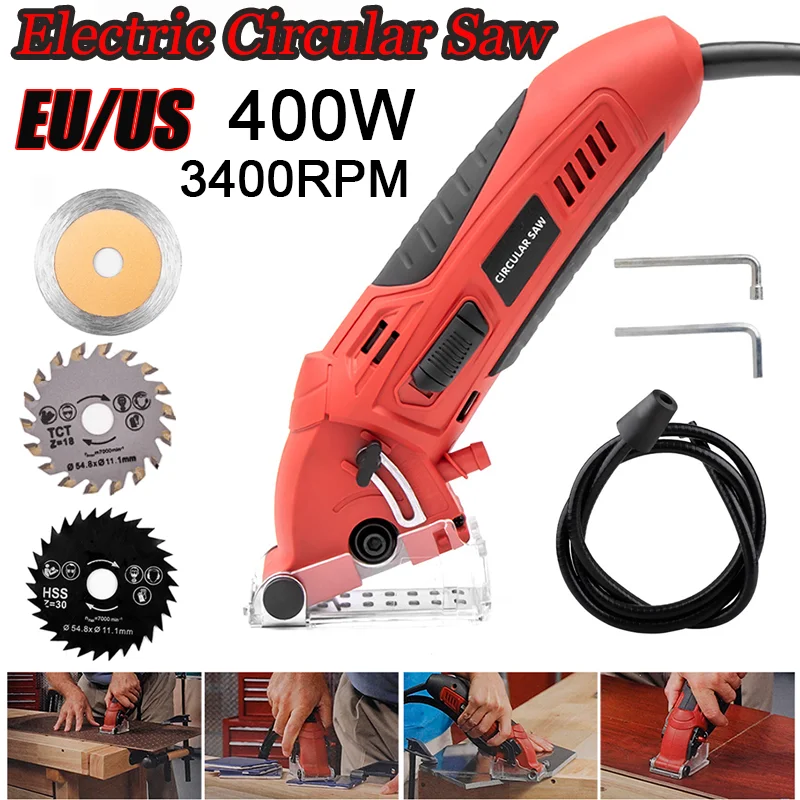 

400W Mini Circular Saw Power Tool With 3 Blades, Dust Passage, Allen Key Woodworking Electric DIY Saw Cutting Wood Metal Drywall