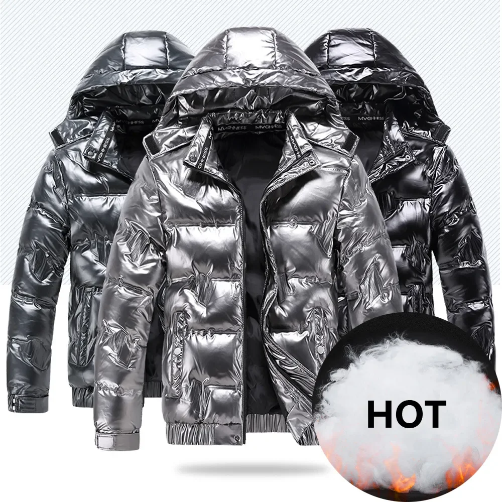 

New Bright Leather Winter Men's Jacket Parka Outwear Waterproof Puffer Padding Warm Stand With Hood Outwearing Coat