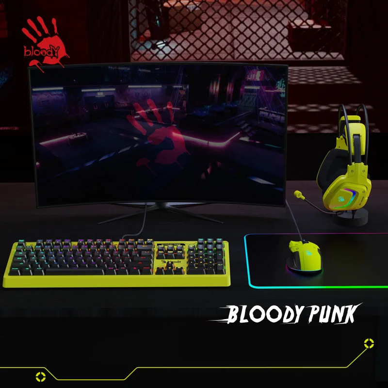 

Bloody W70 Max Mouse Keyboard And Earphone Package Can Write Macros 104-keys Mechanical Axis Keyboard Cyberpunk Style