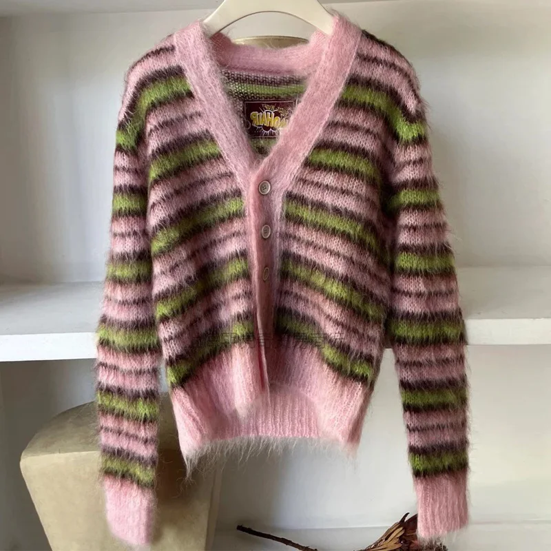 Single Breasted Cardigan Autumn And Winter New Striped Sweater Celebrity Girl