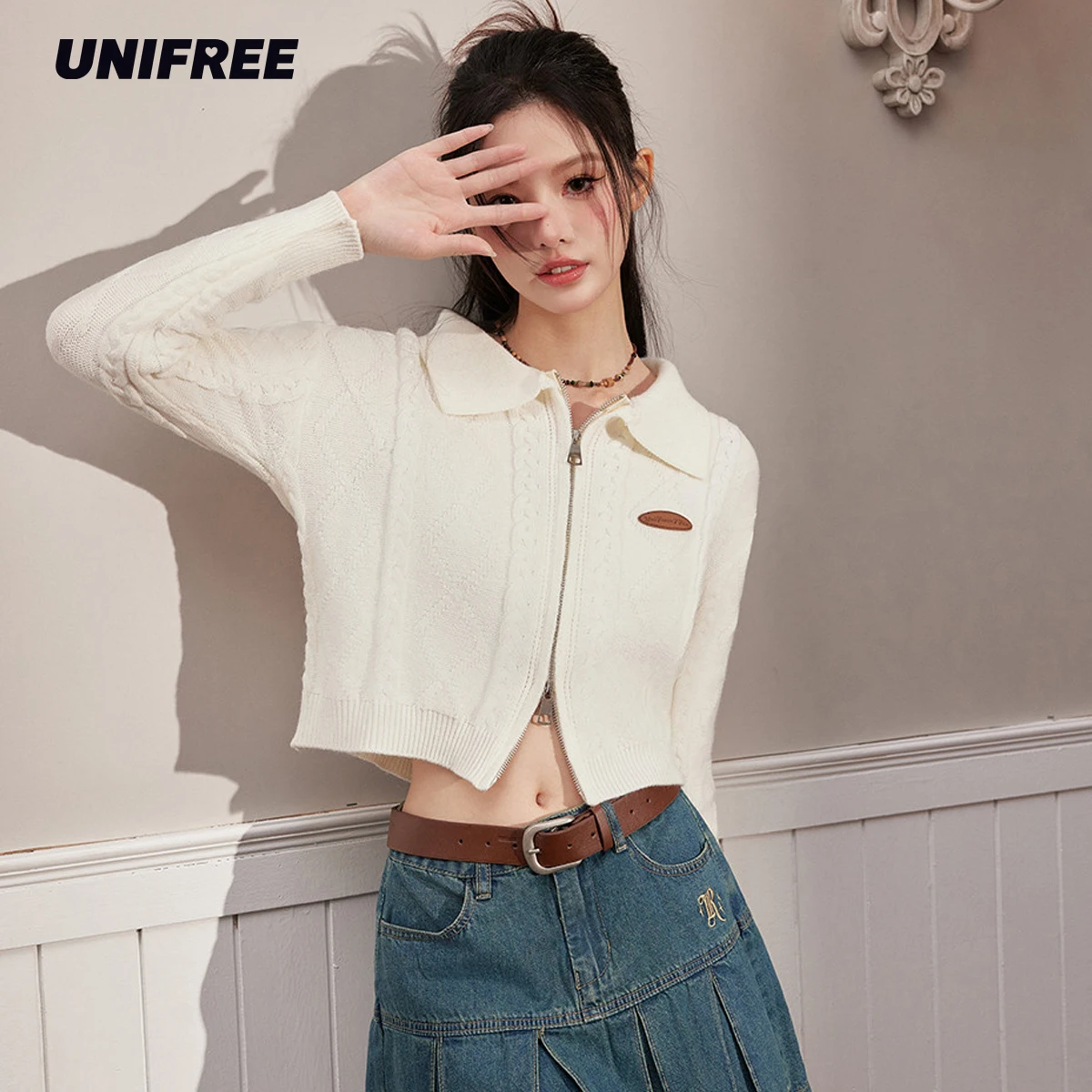 

UNIFREE Korean Fashion Short Cardigan for Women Casual Knitted Streetwear Hoodie Y2k Long Sleeve Standing Collar Sweater