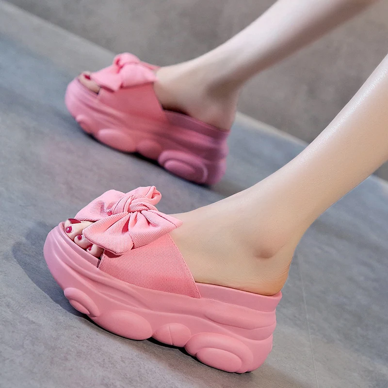 

Increased Internal Slippers Casual Loafers Flower On A Wedge Shoes Slides Slipers Women Heeled Mules Platform Butterfly-Knot Lux